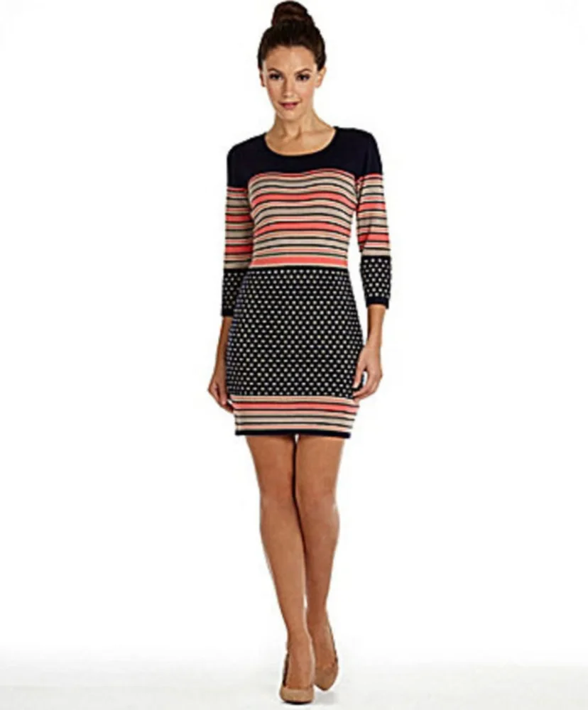 THML Navy Dot Coral & Tan Stripe ¾ Sleeve Crewneck Dress Sz M